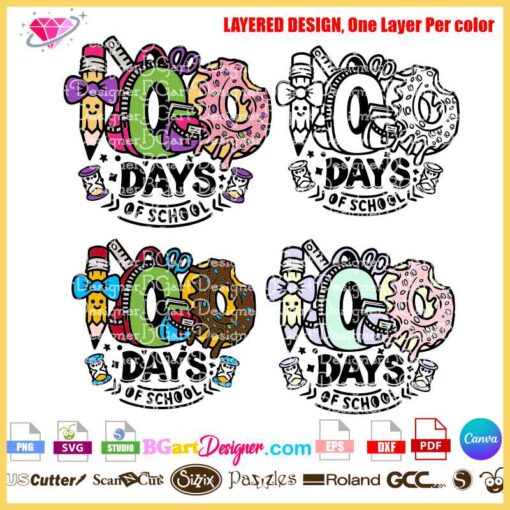 Set of four colorful 100 Days of School SVG layered designs with pencils, donuts, and hourglasses, suitable for Cricut and Silhouette projects.