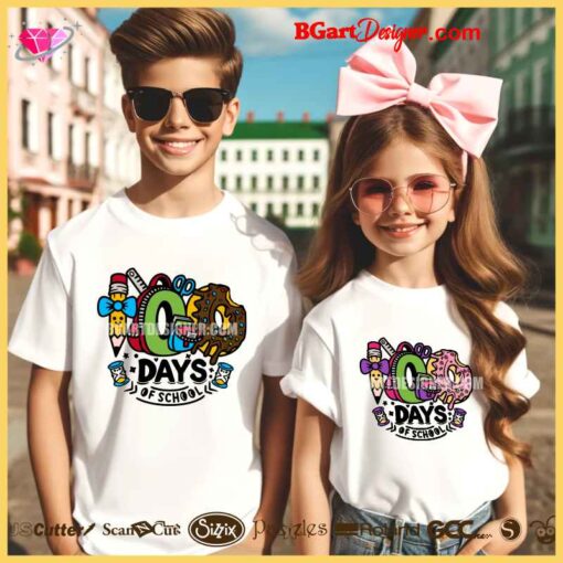 Two children wearing white T-shirts featuring colorful "100 Days of School" layered SVG designs with pencils, donuts, and hourglasses.