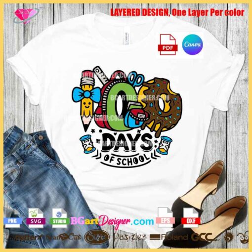 White T-shirt featuring a colorful "100 Days of School" layered SVG design with a brown donut, pencil, and hourglasses.