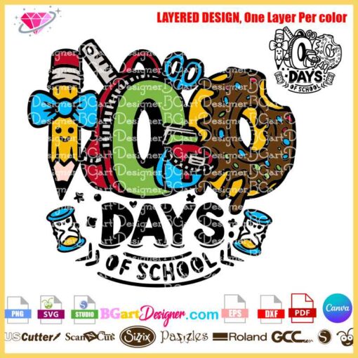 Colorful "100 Days of School" SVG design optimized for Cricut projects, featuring pencils, donuts, and hourglasses.