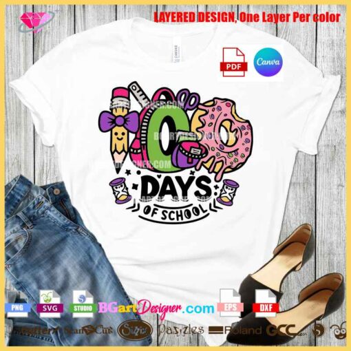 White T-shirt with a colorful "100 Days of School" layered SVG design featuring a pink donut, pencil, and hourglasses.