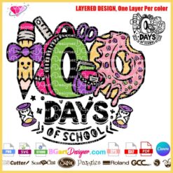 Colorful 100 Days of School SVG layered design featuring pencils, donuts, and hourglasses, ideal for Cricut and Silhouette projects.