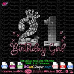 21 crown birthday Girl rhinestone template svg cricut silhouette, 21 heart birthday bling digital template download