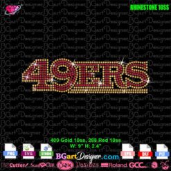 Close-up of 49ERS digital rhinestone template design using SS10 stones in gold and red, for cutting machines
