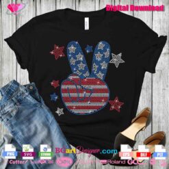 digital rhinestone template of a hand making the peace sign with an American flag background, Ideal for creating custom Independence Day apparel with a Groovy 4th of July theme and holographic heat transfer vinyl.