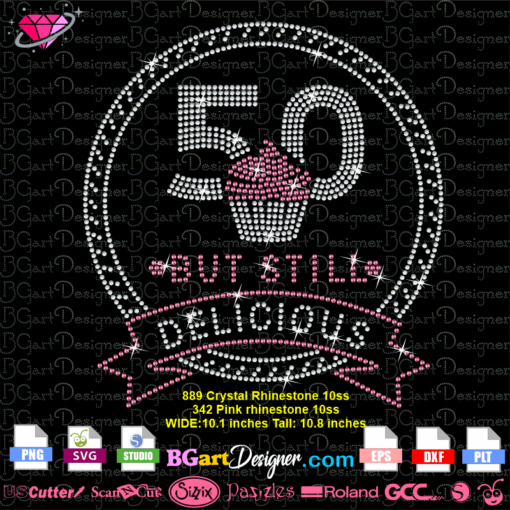 50 but still delicious rhinestone svg cricut silhouette, cupcake rhinestone bling download digital template, iron on transfer hot fix