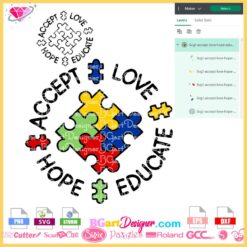 accept love hope educate puzzle autism svg, autism quote svg shirt, autism puzzle piece vector layered svg download
