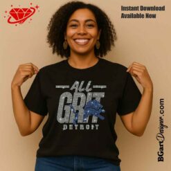 Woman wearing black t-shirt with All Grit Detroit rhinestone design digital template for cutting machines.