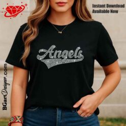 Woman wearing black shirt with Angels rhinestone design, digital download template for Cricut, Silhouette, CAMS