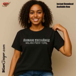 Woman wearing t-shirt with Armani Exchange rhinestone design for cutting machines, showcasing Milano/New York layout