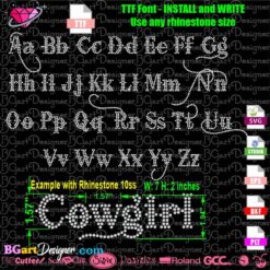 BGART-COWBOY Rhinestone TTF Font inspired by Bleeding Cowboy Font. Instant digital download with SVG, EPS, DXF, PLT for Cricut, Silhouette machines. Bling alphabet letters.