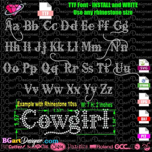 BGART-COWBOY Rhinestone TTF Font inspired by Bleeding Cowboy Font. Instant digital download with SVG, EPS, DXF, PLT for Cricut, Silhouette machines. Bling alphabet letters.