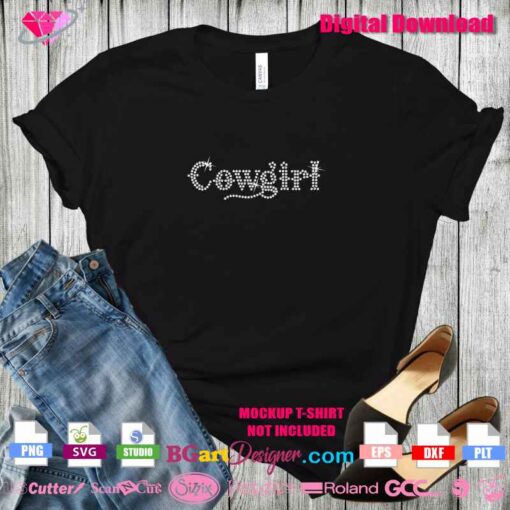 Cowgirl rhinestone word design using BGART-COWBOY font on black t-shirt mockup. Perfect for Cricut, Silhouette, and DIY bling projects with hotfix rhinestones.