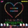 Minimal Pride Heart Equality rhinestone SVG template featuring Love Is Love text, rainbow heart outline, 10ss rhinestone pattern, LGBTQ shirt design with SVG, Studio, EPS, DXF, PLT and PNG digital download.