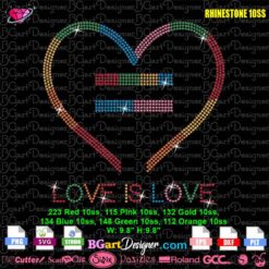 Minimal Pride Heart Equality rhinestone SVG template featuring Love Is Love text, rainbow heart outline, 10ss rhinestone pattern, LGBTQ shirt design with SVG, Studio, EPS, DXF, PLT and PNG digital download.