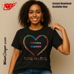 Woman wearing a black t-shirt with a minimalist Love Is Love rainbow heart rhinestone design featuring the equality symbol, LGBTQ Pride shirt made with 10ss rhinestones for Pride Month.