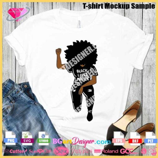 Instant digital download of layered vector design for Black Lives Matter featuring an Afro-American woman with afro hair raising her fist. Perfect for Cricut and Silhouette cutting machines, ideal for DIY t-shirts and projects.