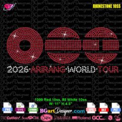 BTS World Tour Arirang 2026 rhinestone template design with red and white 10SS stones, SVG PLT DXF files for Cricut Silhouette rhinestone shirt