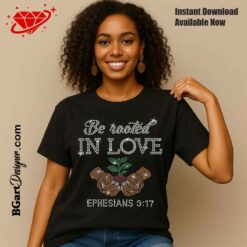 Be Rooted in Love rhinestone design on t-shirt mockup showing scripture template used for rhinestone apparel decoration