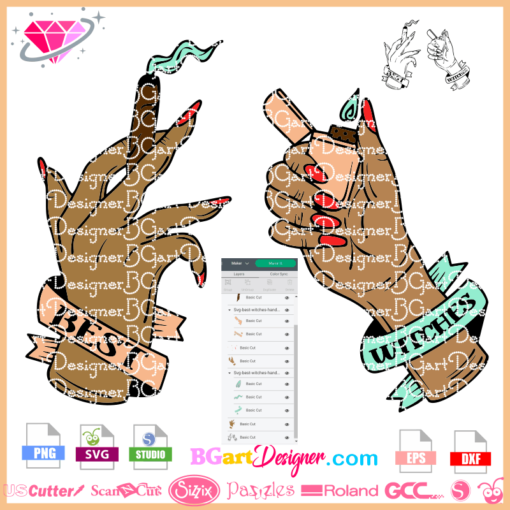 best witches hands smocking svg cricut silhouette, best friends hands layered vinyl, bad bitches smoke svg sublimation, woman smoke weed clipart