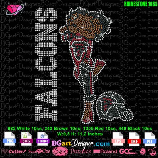 Falcons rhinestone template for digital download in SVG, EPS, and DXF formats. This intricate design uses 10ss rhinestones, perfect for Cricut and Silhouette cutting machines. The template features a detailed football player with a helmet and the word 'FALCONS' in bold rhinestones. Sparkle with team pride by customizing shirts, bags, and more with this unique sports-themed rhinestone pattern