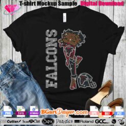 Falcons digital rhinestone template featuring a football player design in SVG, EPS, DXF formats for Cricut, Silhouette, and other cutting machines. This instant download allows you to create stunning DIY t-shirts with sparkling rhinestone accents, perfect for any Falcons fan. The 10ss rhinestone design showcases a player in a red and black uniform alongside the bold 'FALCONS' text. Ideal for sports lovers and customized apparel creators.