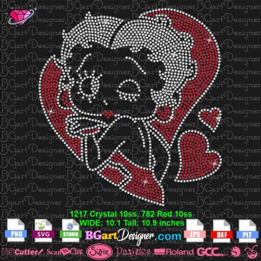 betty boop heart rhinestone template svg cricut silhouette, betty boop kiss bling transfer download