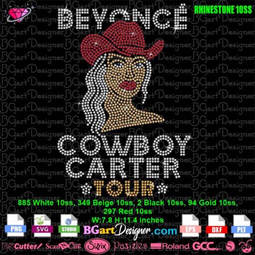 Digital Beyoncé Cowboy Carter rhinestone SVG template preview with rhinestone color count and dimensions. PLT and Studio3 file compatible.