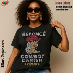 African-American woman wearing black T-shirt with Beyoncé Cowboy Carter rhinestone design. Digital download for Cricut, Silhouette, and automatic rhinestone machines.