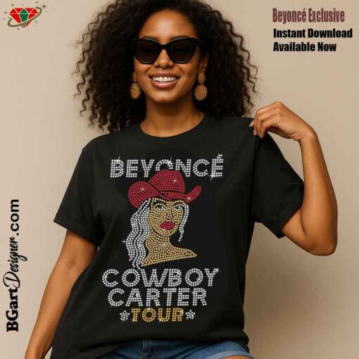 African-American woman wearing black T-shirt with Beyoncé Cowboy Carter rhinestone design. Digital download for Cricut, Silhouette, and automatic rhinestone machines.