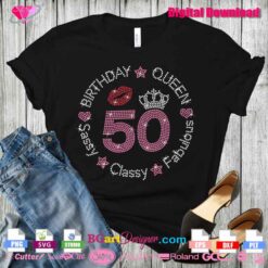 Rhinestone Template Download - Birthday Queen Sassy Classy Fabulous Circle Design with Age 50, Crown, Lips, Stars, and Hearts for 10ss Rhinestones