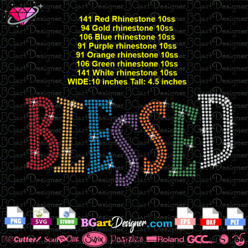 Blessed living letters rhinestone svg cricut silhouette, blessed bling colors rhinestone template download, digital template iron on transfer