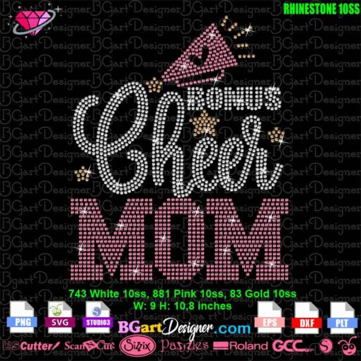 'Bonus Cheer Mom' rhinestone template available as an instant digital download. This sparkling design uses rhinestone 10ss and is compatible with Cricut, Silhouette, and other cutting machines. Perfect for creating custom t-shirts and cheer mom apparel.