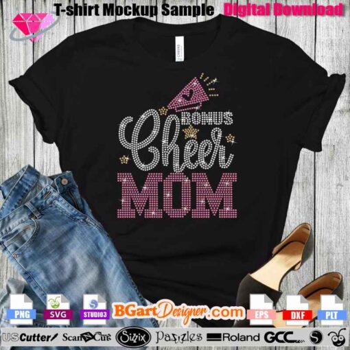 Instant download of 'Bonus Cheer Mom' digital rhinestone template. Perfect for Cricut and Silhouette cutting machines. Create sparkling custom t-shirts with this rhinestone 10ss design. Ideal for crafting personalized cheer mom apparel. Compatible with Cricut, Silhouette, and other cutting machines.