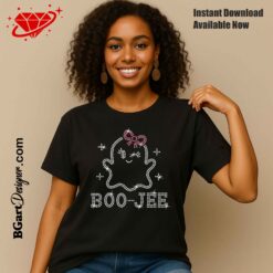 Boo-Jee coquette ghost rhinestone design with a white SS10 ghost, pink rhinestone bow and sparkling Halloween accents.
