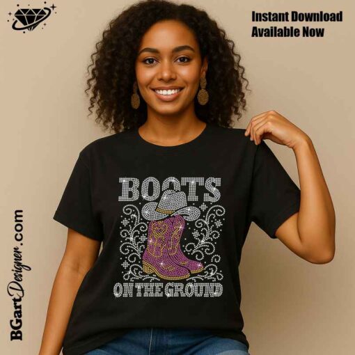 African-American woman wearing black t-shirt with "Boots on the Ground" rhinestone design for cutting machines