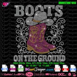 Boots on the Ground rhinestone digital design for t-shirts showing cut file compatibility and crystal layout