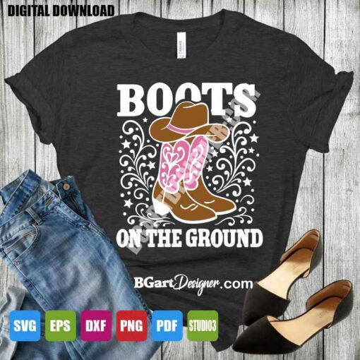 Boots on the Ground digital SVG design with cowgirl boots and stars for Cricut and Silhouette