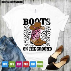 Western cowgirl boots SVG design on dark shirt for Cricut, Silhouette, sublimation, and heat press projects