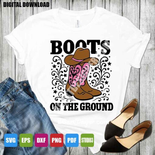 Western cowgirl boots SVG design on dark shirt for Cricut, Silhouette, sublimation, and heat press projects