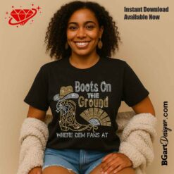 Woman wearing "Boots On The Ground Where Dem Fans At" cowboy cowgirl rhinestone bling crystallized rhinestone template digital SVG PLT