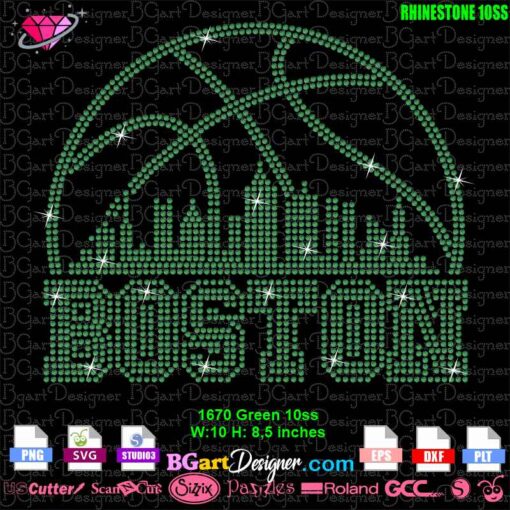 Boston City Basketball rhinestone design template with 1670 green rhinestones 10ss size. This digital file is perfect for crafting enthusiasts using cutting machines like Cricut, Silhouette, and more. Create a stunning rhinestone pattern featuring a basketball and the Boston skyline. The design is 10 inches wide by 8.5 inches high, ideal for T-shirts, apparel, and other craft projects. Downloadable in SVG, PNG, DXF, EPS formats for easy use.