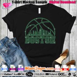 Boston City Basketball rhinestone template for instant digital download. This SVG design features a sparkling basketball above the Boston skyline, perfect for Cricut and Silhouette users. Ideal for creating custom T-shirts and rhinestone projects, this template uses 10ss rhinestones in green. Compatible with various cutting machines, this downloadable file comes in SVG, PNG, DXF, and EPS formats. Get creative and make stunning apparel or accessories with this Boston rhinestone pattern.