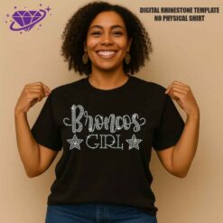 Broncos Girl rhinestone template with 709 SS10 stones in a 10.3 by 5.6 inch design