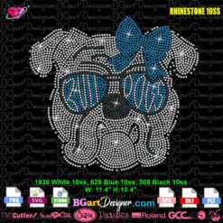Royal Blue Bulldog PNG rhinestone design template with bow and sunglasses for cutting machines