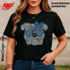 Royal Blue Bulldog PNG rhinestone template with sunglasses and bow on black t-shirt digital design