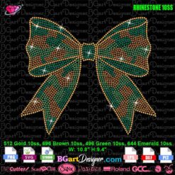 Camo bow coquette rhinestone SVG design in green, gold, and brown with 10ss stone count and size details. Digital heat press template.