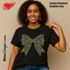 Woman wearing black t-shirt with camo bow coquette rhinestone design in green, brown, and gold. DIY SVG file for crafting.