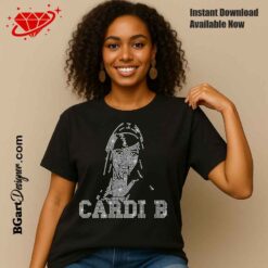 Cardi B Rhinestone SVG shown on black t-shirt for rhinestone heat transfer apparel design