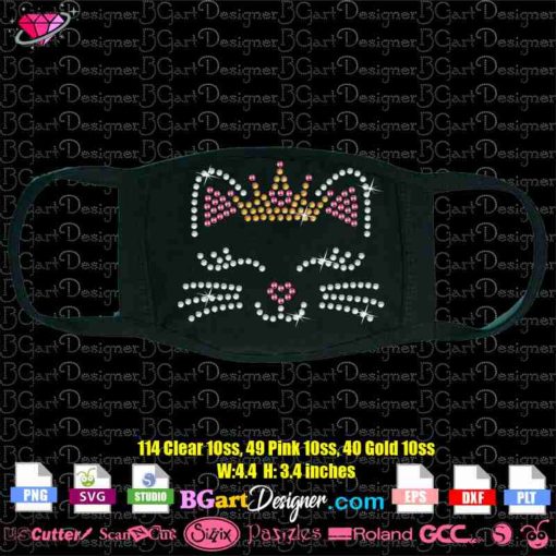 Cat Face crown rhinestone template svg cricut silhouette - Instant Digital Download file, Kitten Face bling transfer, Whiskers rhinestone bling file, Lashes rhinestone template cut file